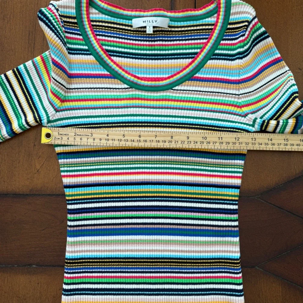 Milly Womens Multicolor Striped Ribbed Knit Scoop Neck Bell Sleeve Top Small - Picture 7 of 8